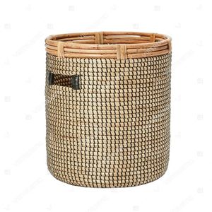 RATTAN-RIMMED COIL <b>Hamper</b> Storage Baskets Seagrass Basket Handles Cut-out Rattan On Top - Product Image 5