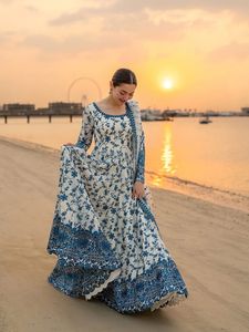 Blue Floral Embroidered Faux Georgette Salwar Kameez <b>Netted</b> Dupatta Long Sleeve Wedding Party Dress Fully Stitched Ready Indian - Product Image 6
