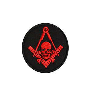 Circular Embroidered Iron-On Masonic Patch with Red Skull and Crossbones Emblem on Black Background for Hats and Apparel - Product Image 1