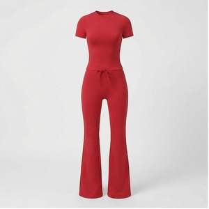 Red Crew Neck Short Sleeve Flared Leg <b>Jumpsuit</b> High Waist Drawstring Seamless Full Length Solid Color Yoga Wear - Product Image 1