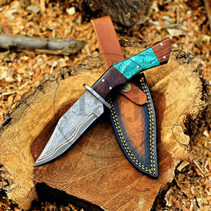 Couteau de chasse à lame fixe en acier Damas de qualité supérieure avec bord droit, manche en bois et résine - Utilisation en extérieur, cadeau USA, anniversaire - Product Image 5