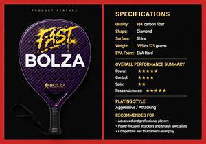 Raqueta de Pádel Bolza Fast Bolza International de Fibra de Carbono, Forma de Lágrima, Viga de 23 mm, Empuñadura Antideslizante para Jugar en el Patio - Product Image 4