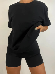Camiseta Holgada de Algodón Azul Sólido de Manga Corta con Cuello Redondo para Mujer, Top Transpirable de Punto para Todas las Estaciones - Product Image 3