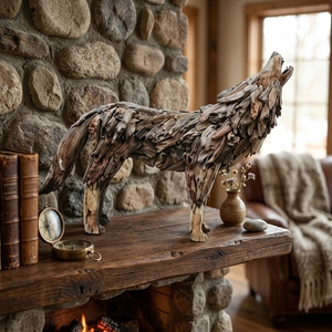 Handcrafted <b>wooden</b> howling wolf sculpture <b>rustic</b> teak driftwood animal statue home living room floor decoration frame space unit - Product Image 5