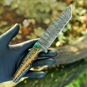 Cuchillo Tanto de Acero de Damasco Hecho a Mano, Personalizado OEM, para Camping, con Mango de Madera, Hoja Fija, Funda de Cuero para Exteriores - Product Image 1