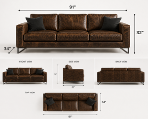 Sofá de Cuero Marrón Vintage de 3 Plazas, Estilo Industrial, con Base de Metal para Sala de Estar, Sofá con Patas de Metal - Product Image 2
