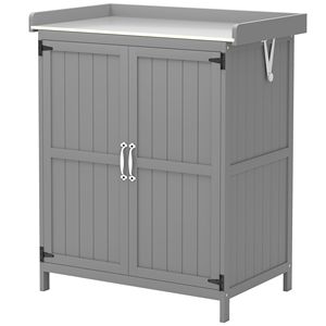 Banco da Giardinaggio in Legno Grigio con 2 Ante, Armadio per Esterni e Ripostiglio per Attrezzi da Giardino con Piano in Metallo e Mensola - Product Image 1