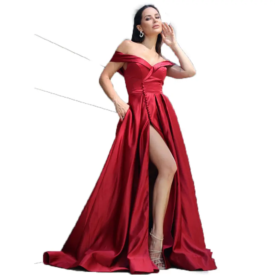 フォーマルな女性の赤いドレスハイスプリットサテンイブニングガウン卒業ドレスパーティーイブニングドレス