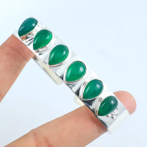 Handmade 925 Sterling Silver Plated Natural Green Onyx Gemstone Multi <b>Stone</b> Teardrop Cabochon Statement Cuff Bangle <b>Bracelet</b> - Product Image 6