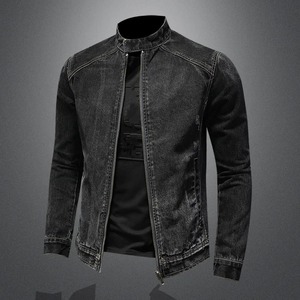 High Quality Vintage Bomber Jacket for Men Black Stand Collar Moto Biker <b>Denim</b> <b>Coat</b> Outerwear made Cotton Canvas Black <b>Denim</b> - Product Image 4