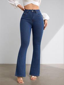 Jean évasé taille haute en denim pour femme, longueur intégrale, couleur unie, boutonnage frontal, style décontracté, en coton, collection automne - Product Image 1