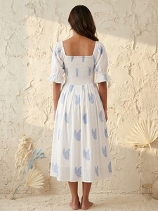 Women’s White 100% Cotton Midi Dress Blue Leaf Print Smocked Bodice Puff Sleeve Casual Summer Dress. - Product Image 5