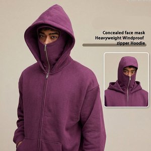 Custom Mens Minimalist Winter <b>Full</b> <b>Zip</b> Hoodie Mask Hood Double Hood Solid Color Streetwear Casual Urban <b>Sweatshirt</b> Design - Product Image 3