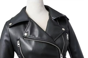 CUSTOM Women's Black <b>Leather</b> Motorcycle Jacket SF 125 Asymmetric Zip Lapel Collar <b>Belted</b> Long Sleeve Regular Quick Dry Lambskin - Product Image 3