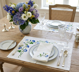 Custom Wholesale Embroidered Handmade Luxury Blue Floral White 100% Cotton <b>Placemat</b> Napkin Sets Washable Mats for Weddings Home - Product Image 4