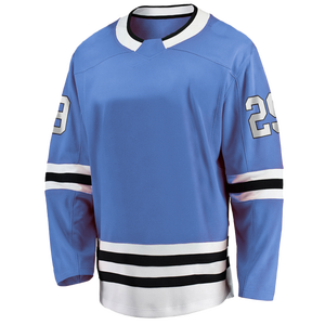Maillot de hockey sur glace bleu clair personnalisé, respirant, à manches longues, avec impression de numéro, 100 % polyester, col rond - Product Image 1