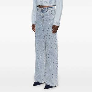 Jean en denim taille haute à jambe large pour femme, délavage clair, en coton, longueur intégrale, style décontracté printanier, décoré de rivets, style vintage - Product Image 2