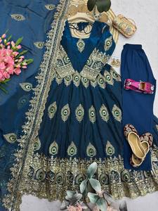 <b>Women</b> Teal Silk Anarkali <b>Kurta</b> Set Peacock Embroidered Lehenga Dupatta Salwar Suit Wedding Ethnic Wear - Product Image 3
