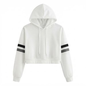 Sudadera con Capucha Corta Blanca para Mujer, con Logotipo Personalizado al por Mayor, Manga Larga con Rayas, Sudadera Informal de Punto para Otoño e Invierno - Product Image 1