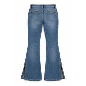 Women's Mid-Rise Skinny <b>Flared</b> Denim <b>Jeans</b> with Zipper and Slit Hem-<b>Vintage</b> Blue Stretch Fit Sizes XS-6XL - Product Image 2