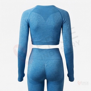 <b>Women</b> Seamless <b>Blue</b> Long Sleeve Crop Top High Waist <b>Leggings</b> Thumbhole Yoga 2 Piece Set - Product Image 2
