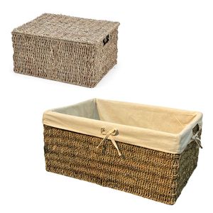Panier de rangement en osier et jonc de mer avec couvercle et doublure en coton, polyvalent pour le rangement, l'emballage cadeau et la décoration intérieure - Product Image 1