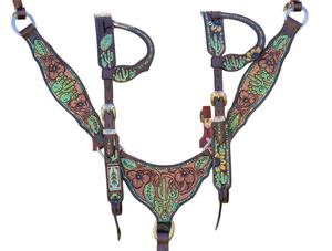 Cactus usiné peint cheval Tack ensemble complet tête poitrine plaque en cuir véritable léger saisonnier cheval débarrasser équipements - Product Image 1