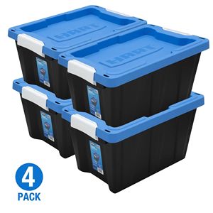 Set di 4 Contenitori di Plastica Resistenti da 5 Galloni con Chiusura, Base Nera e Coperchio Blu - Product Image 1