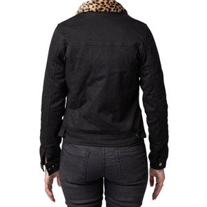 Veste en jean noire d'hiver pour femme avec col en fausse fourrure et fourrure de léopard, tricotée en coton - Product Image 4