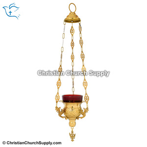 Gold Plated Hanging Vigil Lamp | Hanging Church Sanctuary Lamp with <b>Red</b> Glass – Export Corporation - Product Image 2