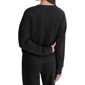 Hot Sale Women's Winter Casual Oversize Sweatshirts Black Solid Color Rhinestones Washed Crew Neck Customized Cotton/Polyester - Product Image 2