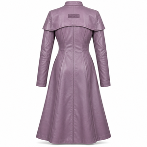 Abrigo Largo de Cuero Morado con Detalle de Capa, Hecho a Medida, Servicio de Fabricación de Ropa para Mujer - Product Image 2