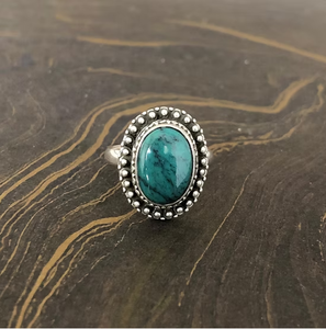 925 Silver <b>Turquoise</b> <b>Ring</b> Large Oval Cabochon Antique Beaded Border Cocktail Jewelry Wholesale Manufacturer - Product Image 2