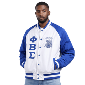 Chaqueta Bomber Blanca de Satén Phi Beta Sigma, Ropa de Fraternidad Griega con Diseño Clásico, Comodidad Premium y Ajuste Elegante - Product Image 1