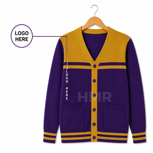 HMR Acrylic Casual Sorority Sisterhood <b>Purple</b> Gold Contrast Color Button Knitted V-Neck Long Sleeve <b>Cardigan</b> - Product Image 5