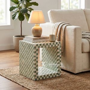 Modern Eco-Friendly Natural Mother Pearl Square Side Table Checkerboard Inlay Handmade Accent <b>Ottoman</b> Living Room Decor Display - Product Image 3