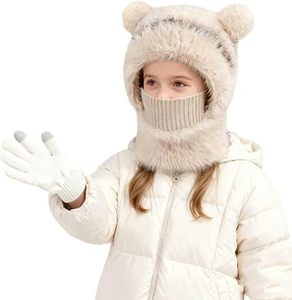 Bonnet en fausse fourrure mignon avec masque intégré et oreilles d'ours, bonnet tricoté d'hiver unisexe pour enfants, cache-cou d'extérieur - Product Image 1