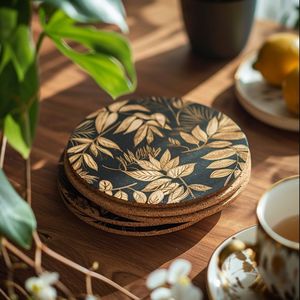 Round Cork Coaster <b>Set</b> With Gold Leaf Pattern Black Bohemian Design Heat Resistant 300mm Diameter Mats & Pads - Product Image 1