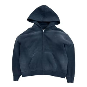 Sudadera con capucha y cremallera para hombre, de forro polar, negra, extragrande, informal, de color liso, de longitud regular, de algodón tejido, para otoño - Product Image 2