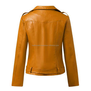 Vestes de motard en cuir jaune pour femmes avec fermeture à glissière asymétrique col à revers manches longues ceinturé manteau Slim Fit - Product Image 2