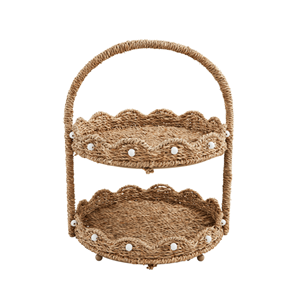 Bandeja de hierba marina natural de 2 niveles con borde festoneado, bandeja decorativa con asa, organizador de mesa para decoración del hogar de Vietnam - Product Image 1