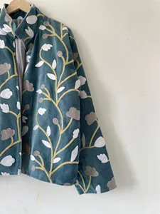bohemian Teal Blue <b>Velvet</b> Floral Embroidered Suzani <b>Jacket</b> Full Sleeve Stand Collar Bohemian <b>Women's</b> Autumn Outerwear - Product Image 3