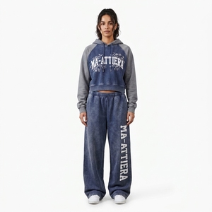 Custom Women Two Tone Navy Blue Gray Cropped Hoodie <b>Wide</b> <b>Leg</b> <b>Jogger</b> Set Cotton Fleece Tracksuit OEM Wholesale - Product Image 1