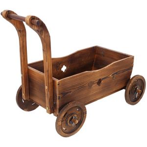Wooden Wagon Mobile Garden <b>Planter</b> <b>Box</b> with 4 Wheels Handle Drain Hole Decorative Indoor Flower Pot - Product Image 5