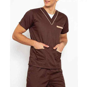 Ensemble de blouses d'infirmier pour hommes, marron, col en V, manches courtes, en coton et polyester tissé, uniforme d'hôpital, pantalon inclus, détection d'aiguilles - Product Image 6