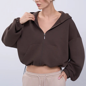 Women's Cropped <b>Zip</b> Up Hoodie Oversized Cotton Fleece <b>Hooded</b> Sweatshirt Casual Long Sleeve Jacket Custom OEM ODM - Product Image 3