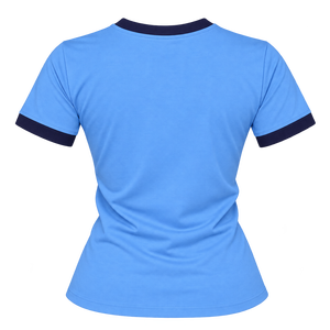เสื้อยืด Zeta Phi Beta สำหรับผู้หญิง สีฟ้าอ่อน แต่งขอบสีกรมท่า ตัวอักษรกรีกสีน้ำเงินเข้ม ปักลาย ZOB ทรงพอดีตัว แขนสั้น เสื้อยืดชมรมนักศึกษา - Product Image 4