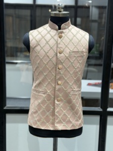 <b>Men's</b> Luxury Blush <b>Pink</b> Diamond Jacquard Nehru Jacket Designer Bandhgala <b>Waistcoat</b> Premium Wedding Modi Jacket Ethnic - Product Image 4