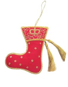 Festive Zari Christmas Stocking Hanging <b>Ornament</b> with Thread & Beadwork – Holiday Decor for Gifting & Home - Product Image 1