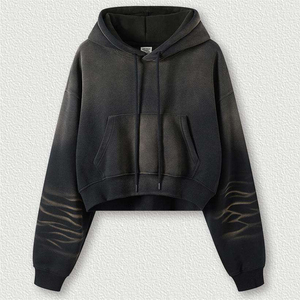<b>Women's</b> <b>Black</b> Gradient <b>Hoodie</b> Cropped Drop Shoulder Sweatshirt With Kangaroo Pocket - Product Image 1